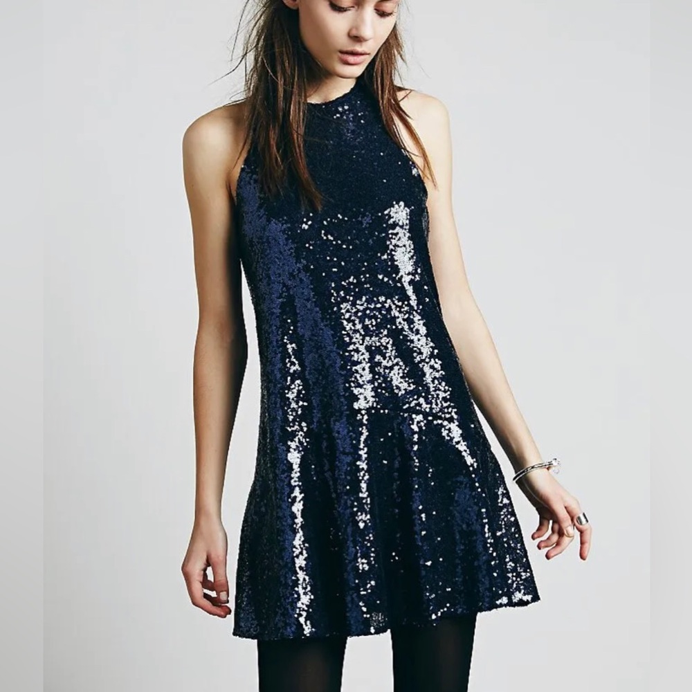 Free People Liquid Shine Sequined Little Black Dress.